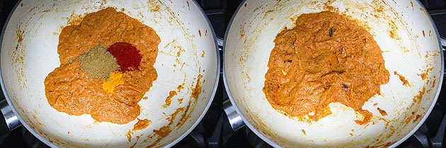 adding spice powder and mixing for paneer kofta curry