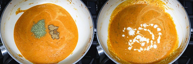kasoori methi, garam masala and cream is added to the paneer kofta gravy
