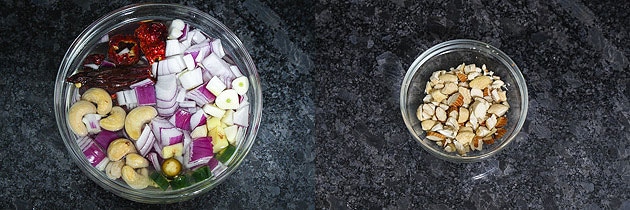 soaking onions and chopped nuts as a preparation for paneer kofta