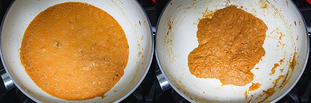 mixing and cooking tomato puree for paneer kofta curry