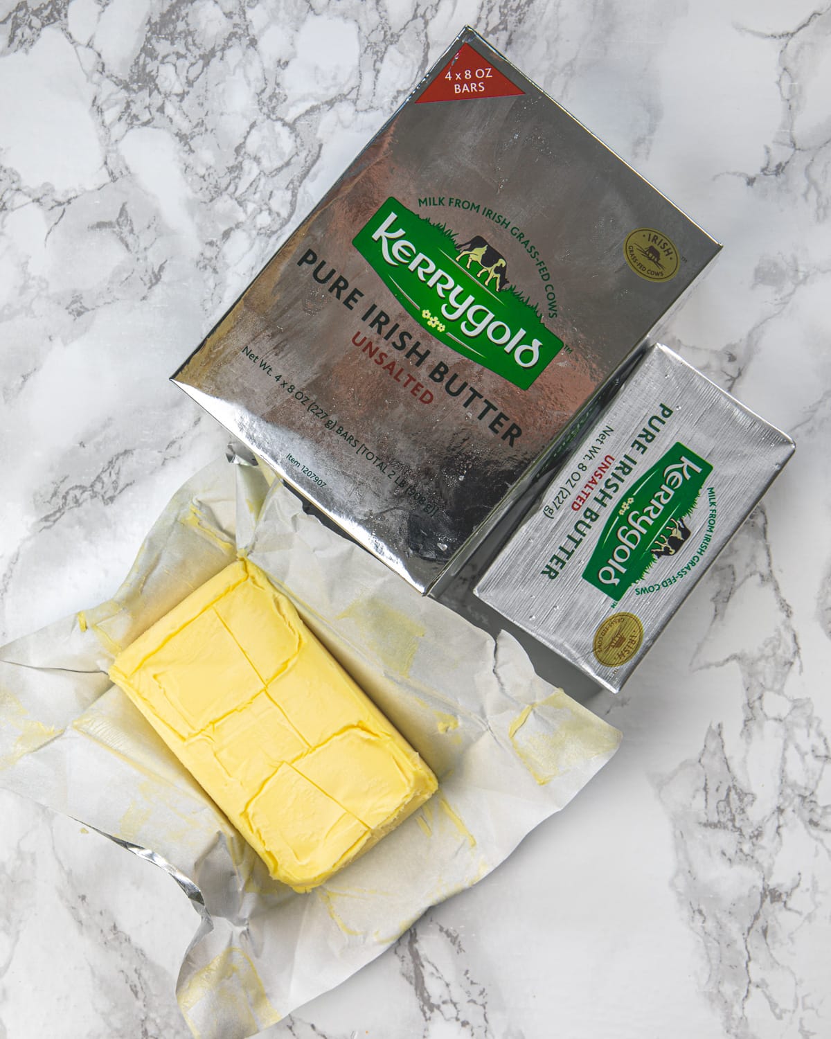 Kerrygold butter box and one block of butter is opened.