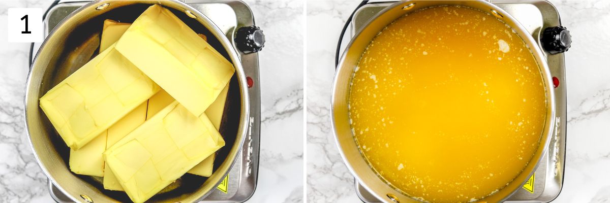 Collage of 2 images showing meltinh butter in a pot.