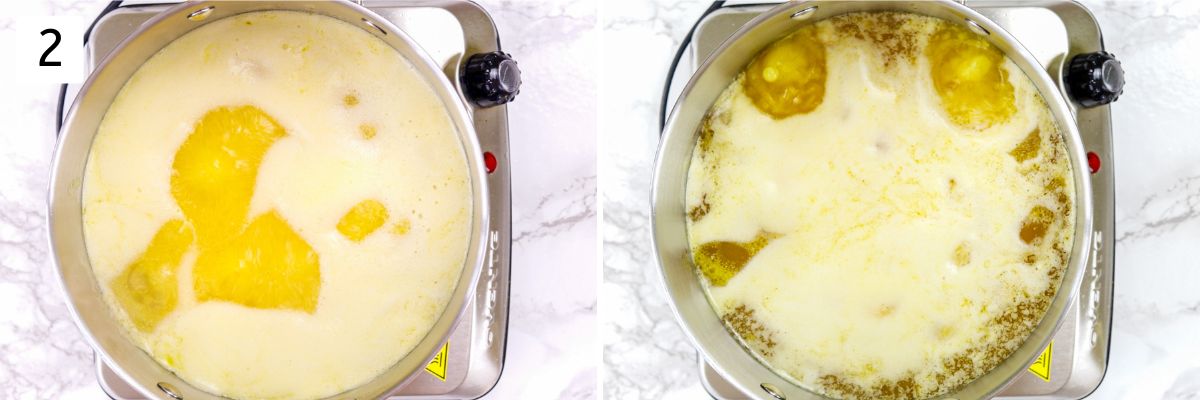 Collage of 2 images showing bubbling butter with foam on top.