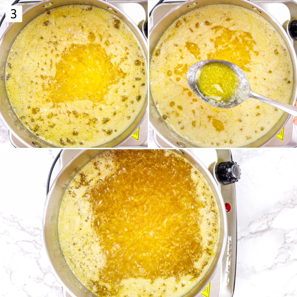 Collage of 3 images showing simmering ghee, showing milk solids in ladle.