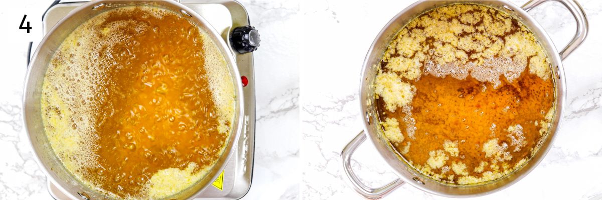 Collage of 2 images showing browned milk solids and ready ghee.