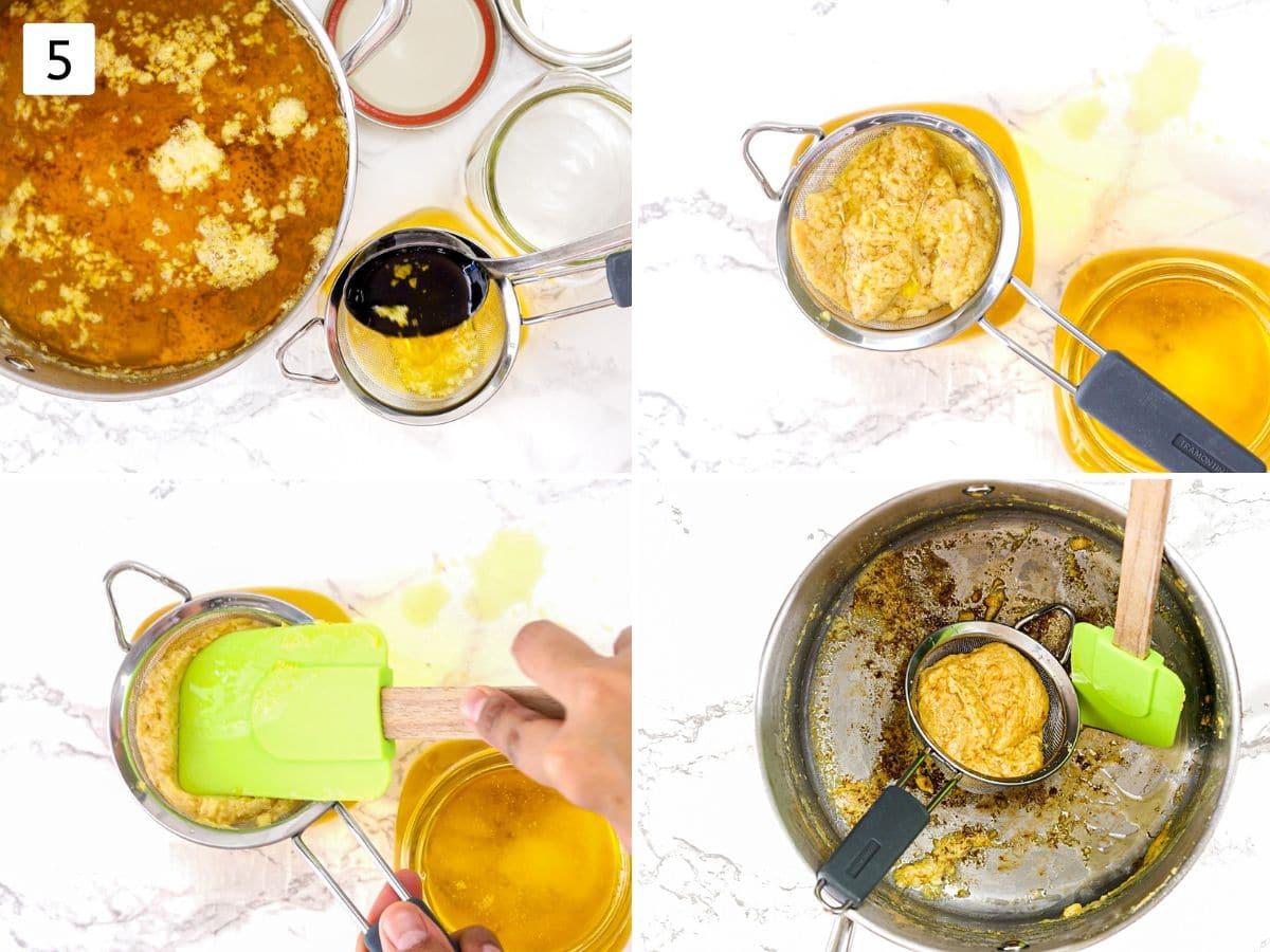 Collage of 4 images showing straining ghee in a glass jar and leftover browned milk solids.