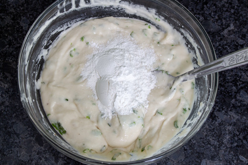 adding rice flour to the medu vada batter