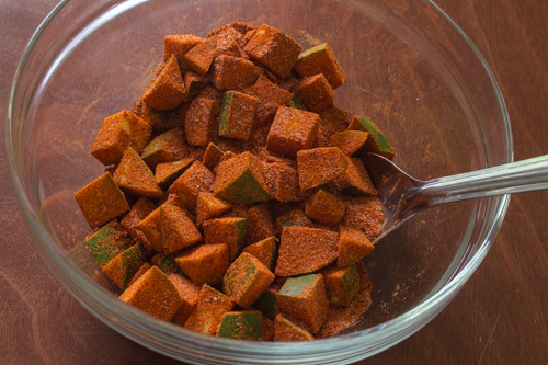 mango cubes are mixed into spices