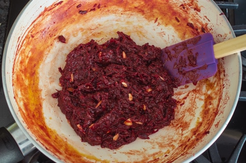 beet halwa in a pan