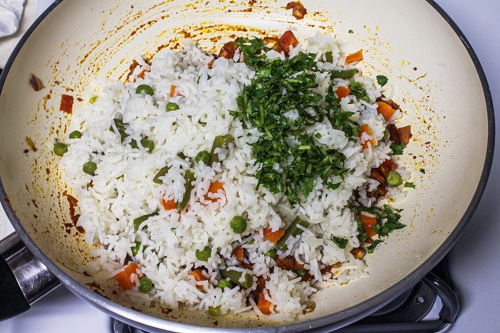 adding rice-veggies and cilantro