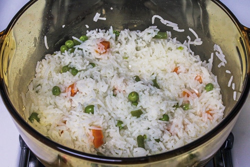 cooked rice and veggies for masala pulao
