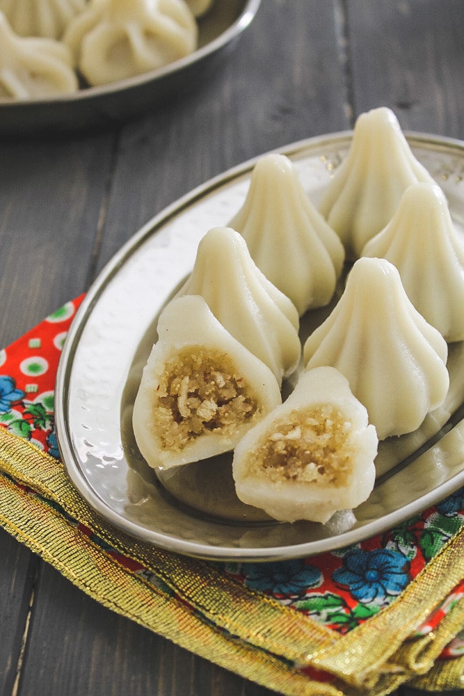 Ukadiche Modak cut into the center to show stuffing