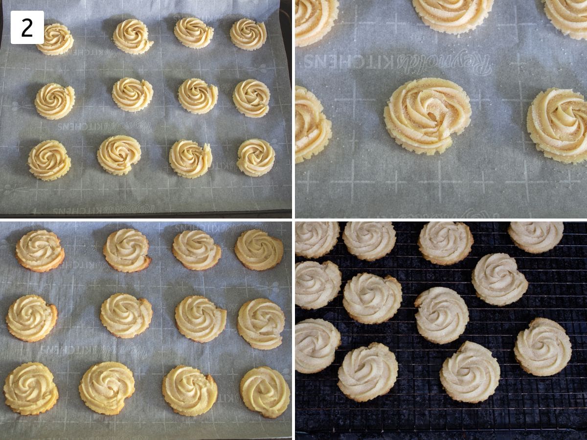 Collage of 4 images showing piped cookies in a parchment lined tray and baked cookies.