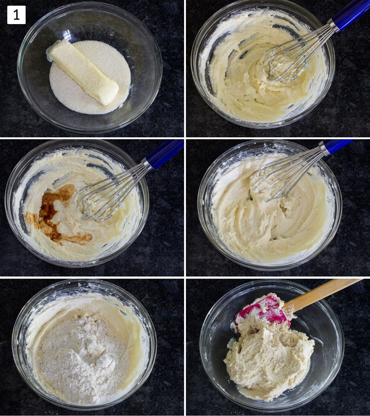 Collage of 6 images showing creaming butter, sugar, mixing flour to make a cookie dough.