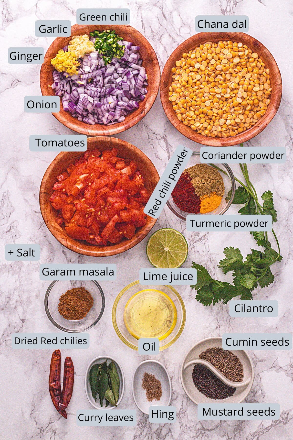 Chana dal recipe ingredients in bowls with labels.