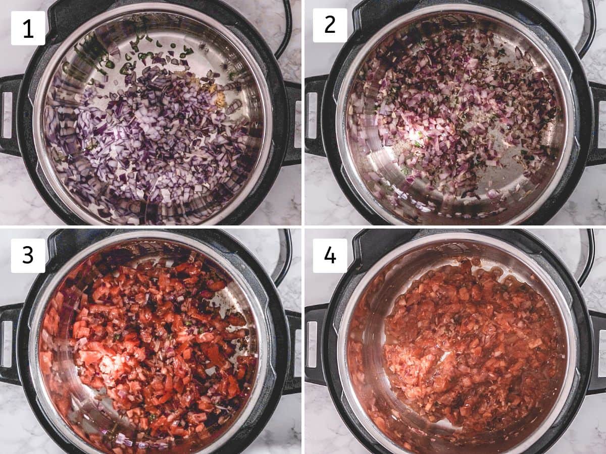 Collage of 4 images showing cooking onion and tomatoes.