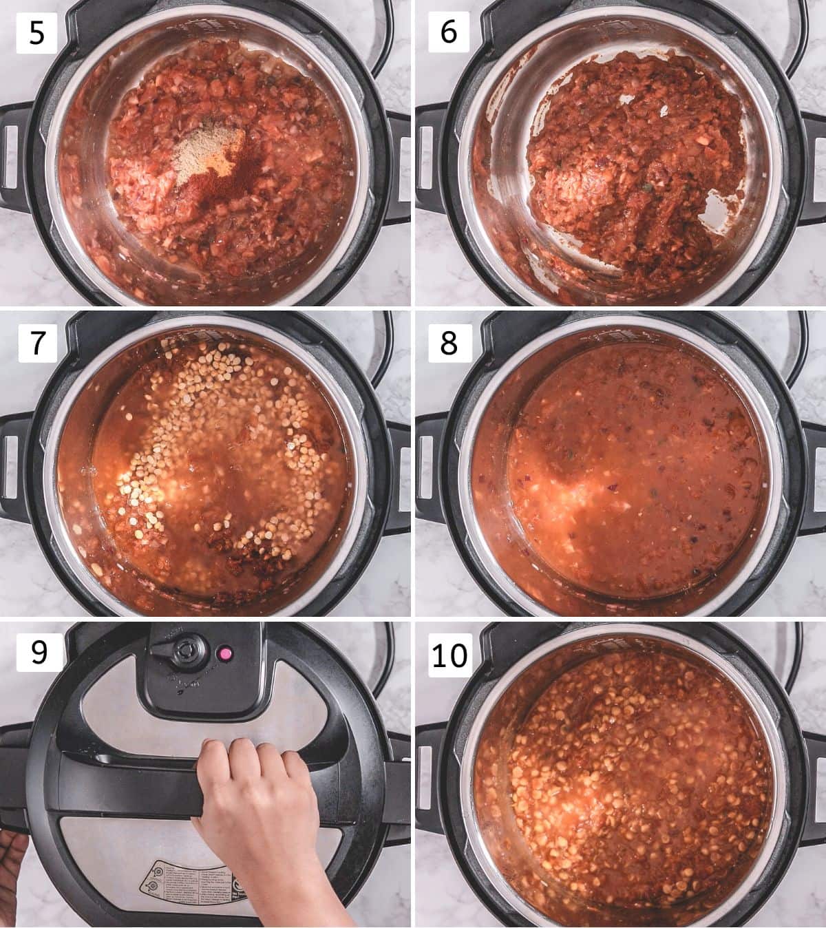 Collage of 6 images showing adding spices, soaked dal and water, cover with a lid and cooke dal.