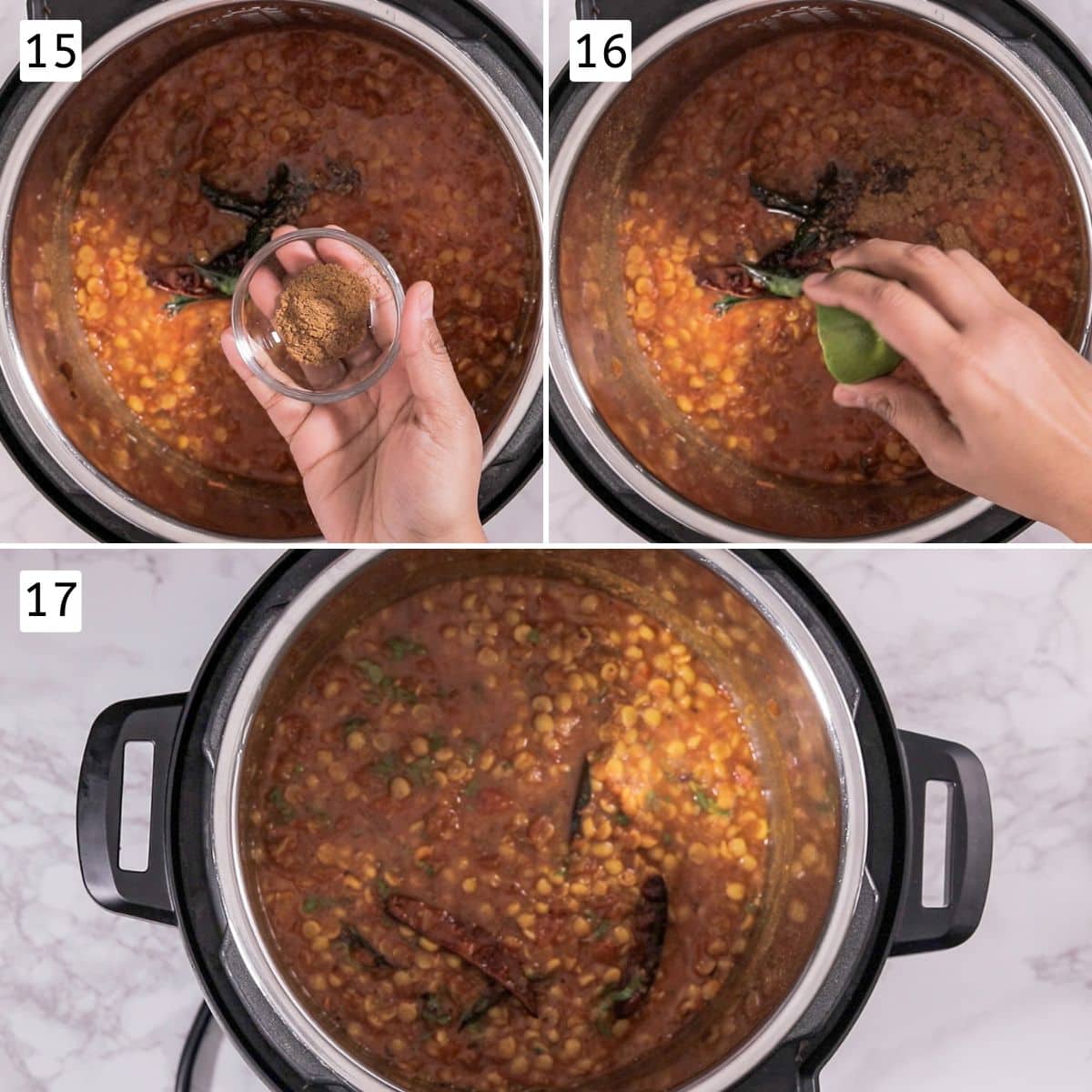 Collage of 3 images showing adding garam masala, lime juice and mixing.