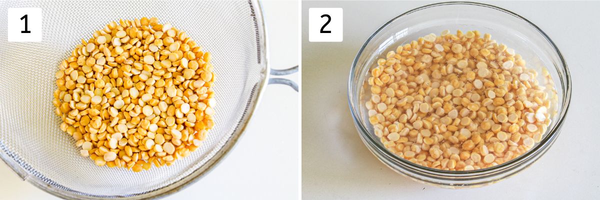 Collage of 2 images showing chana dal in a colander and soaked dal in a bowl.