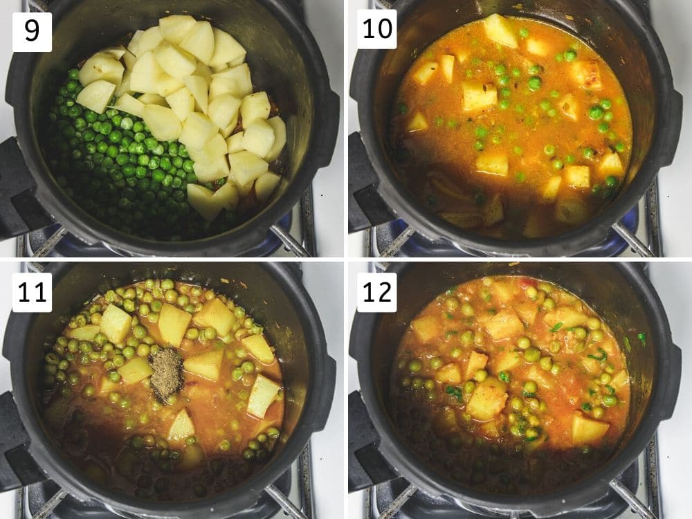 collage of cooking aloo matar in pressure cooker