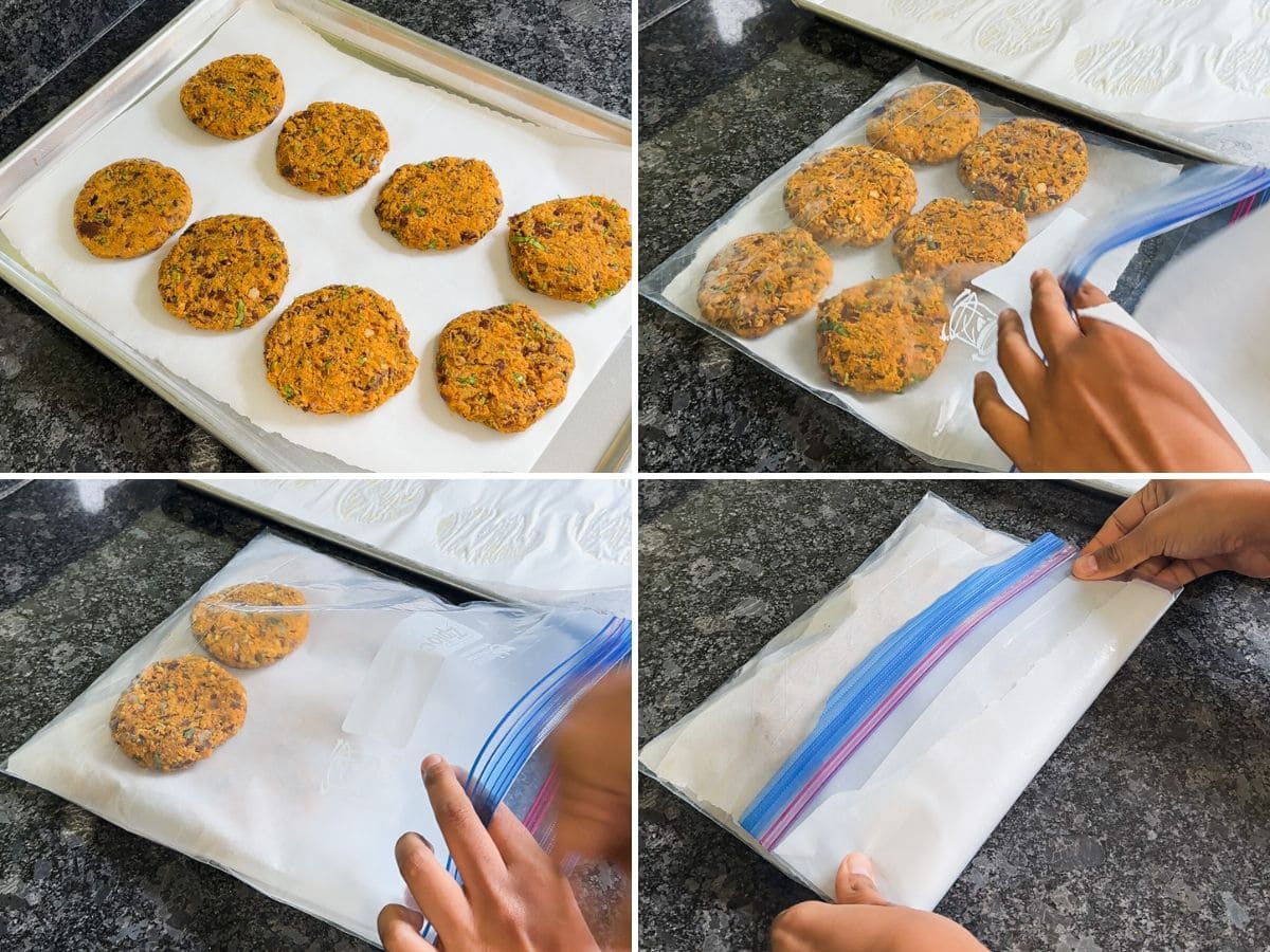 Collage of 4 images showing freezing burger patties and storing in a ziplock bag.