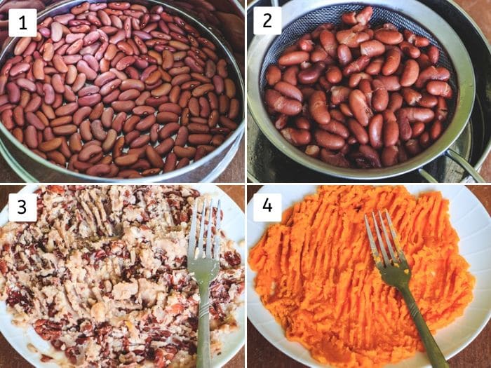 collage of cooking beans, sweet potato