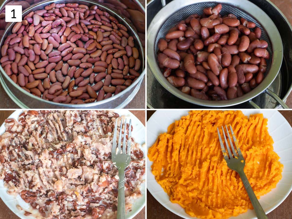 Collage of 4 images showing dry kidney beans, cooked beans, mashed sweet potatoes and beans.