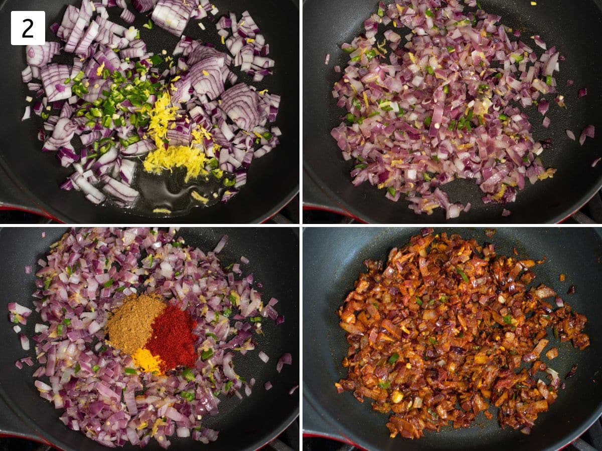 Collage of 4 images showing cooking onion and mixing spices.