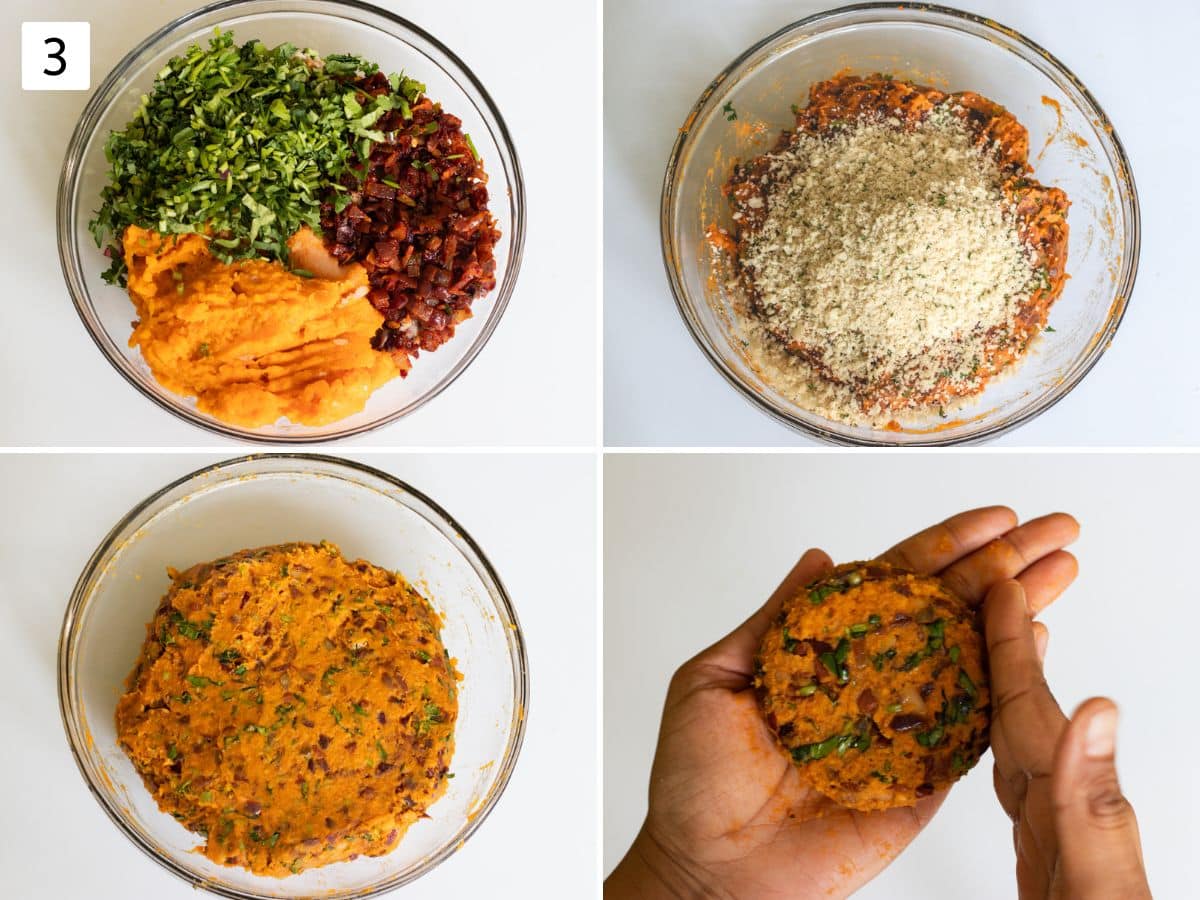 Collage of 4 images showing mixing ingredients for burger patties and shaping.