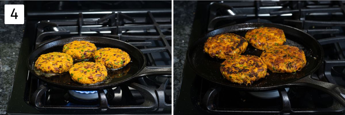 Collage of 2 images showing shallow frying kidney bean burger patties.