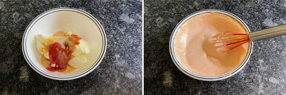 Collage of 2 images showing mixing greek yogurt with ketchup, hot sauce and seasonings.