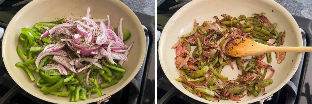 Collage of 2 images showing sauteing sliced onion and peppers for burger topping.