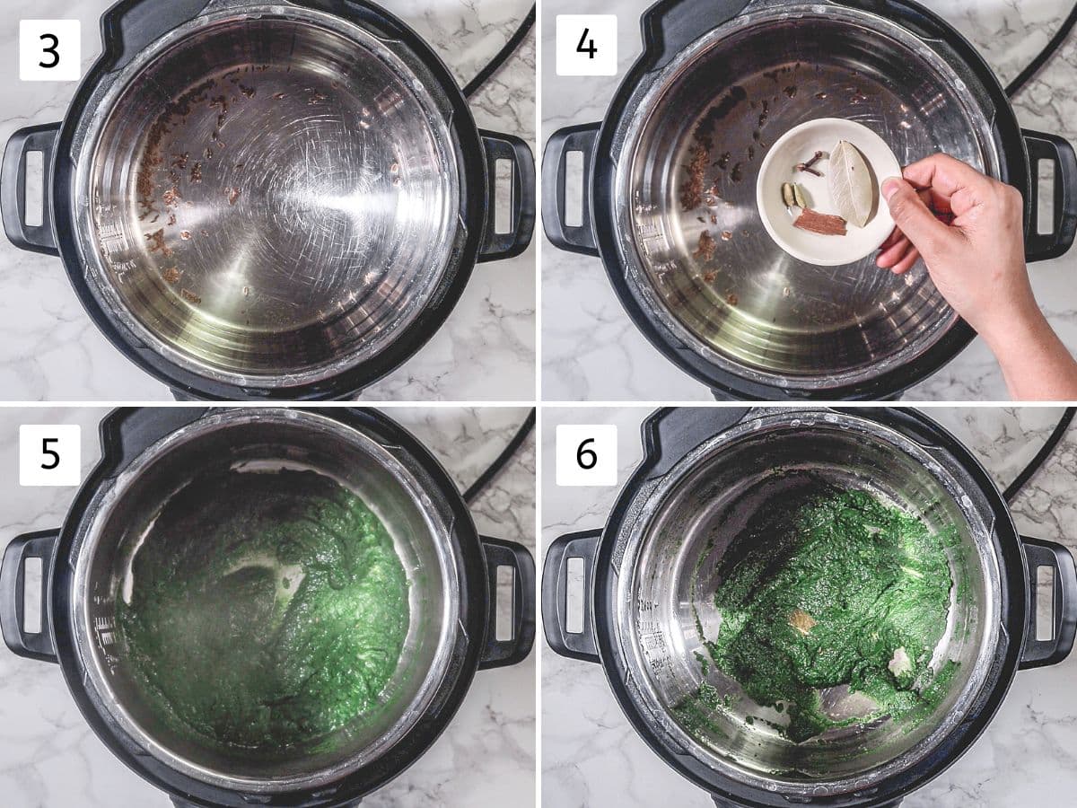 Collage of 4 images showing tempering whole spices and cooking spinach puree.