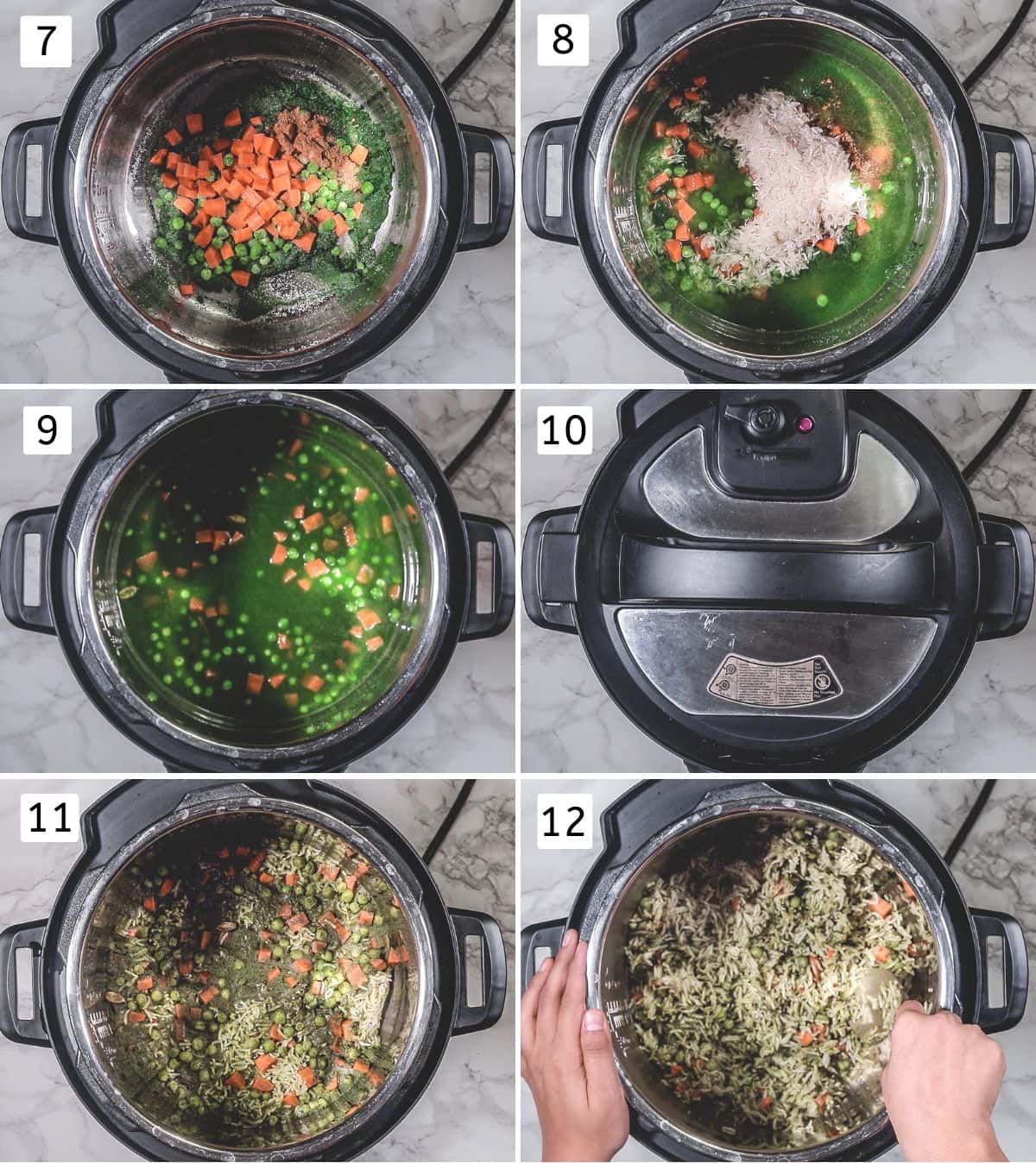 Collage of 6 images showing adding veggies, rice and water, preesure cooking and fluffed up cooked rice.