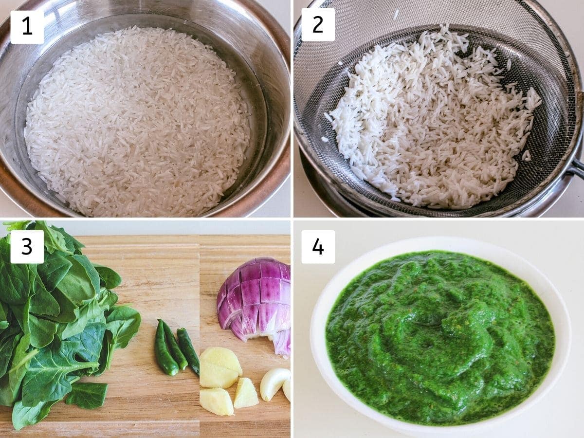 collage of soaking rice and prepping puree pics