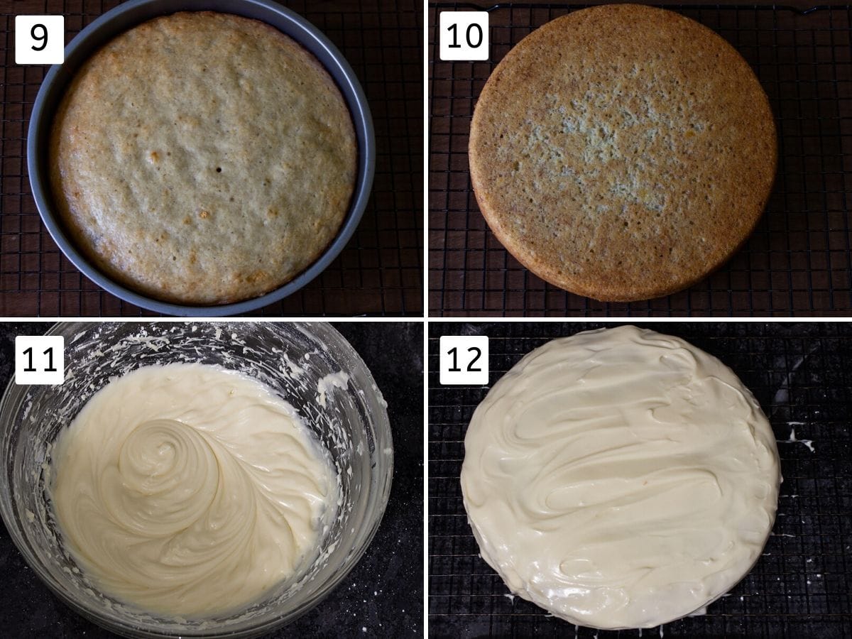 Collage of 4 images showing baked cake and frosted with cream cheese frosting.