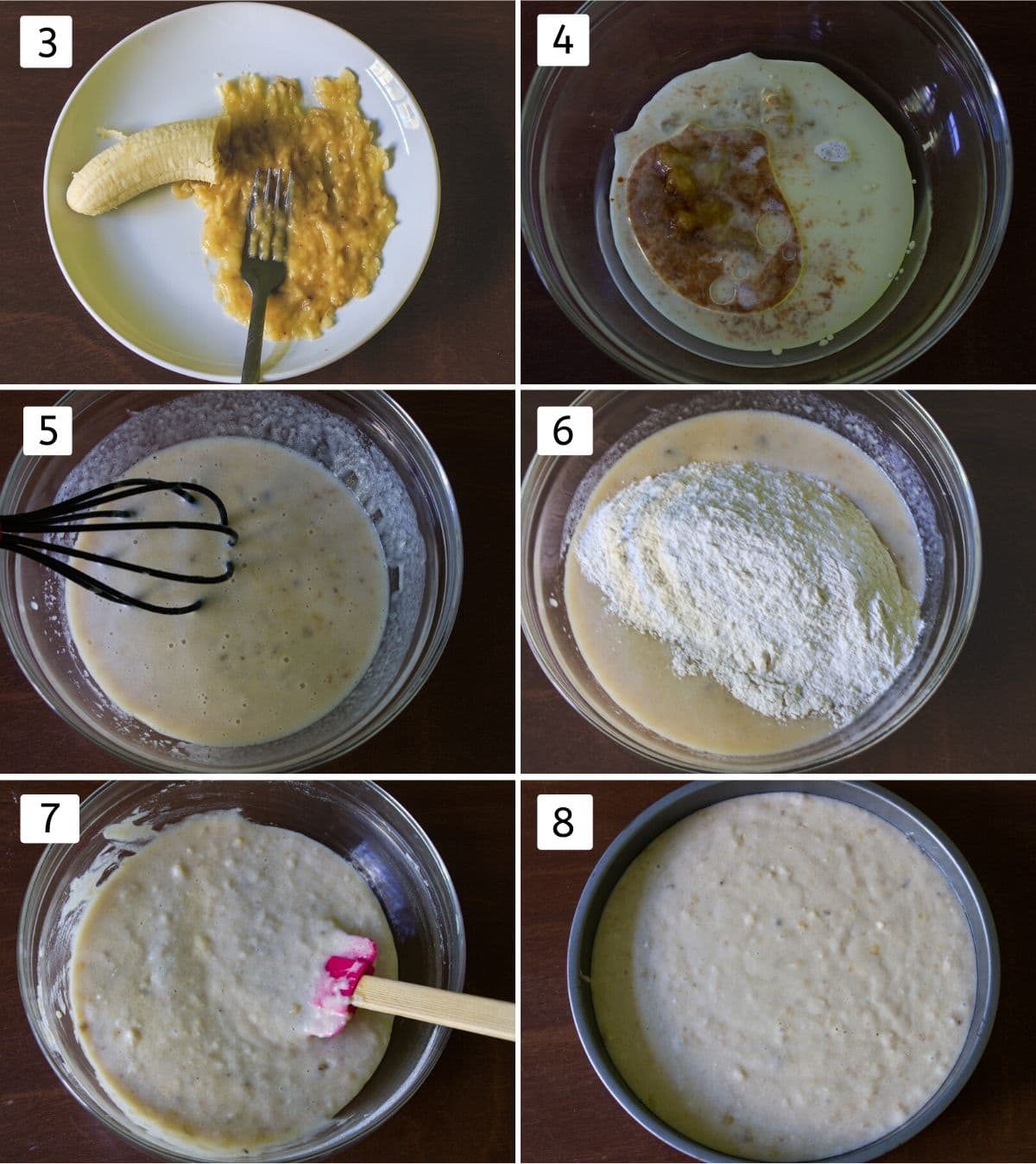 Collage of 6 images showing mashing banana, mixing wet ingredients, adding dry and making batter.