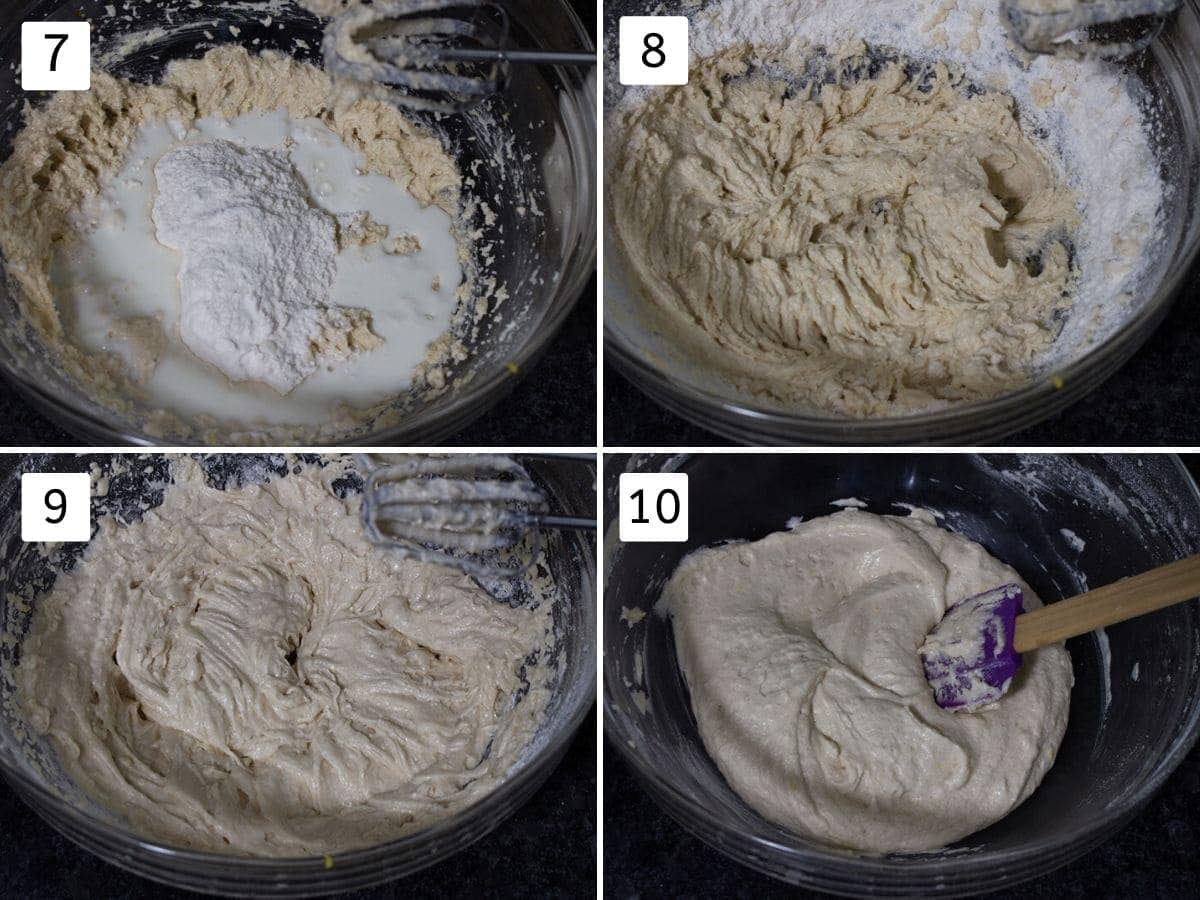 collage of adding flour and milk to make batter