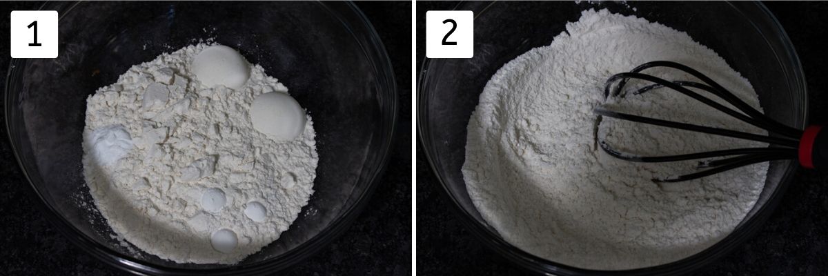 collage of mixing dry ingredients for cupcake batter