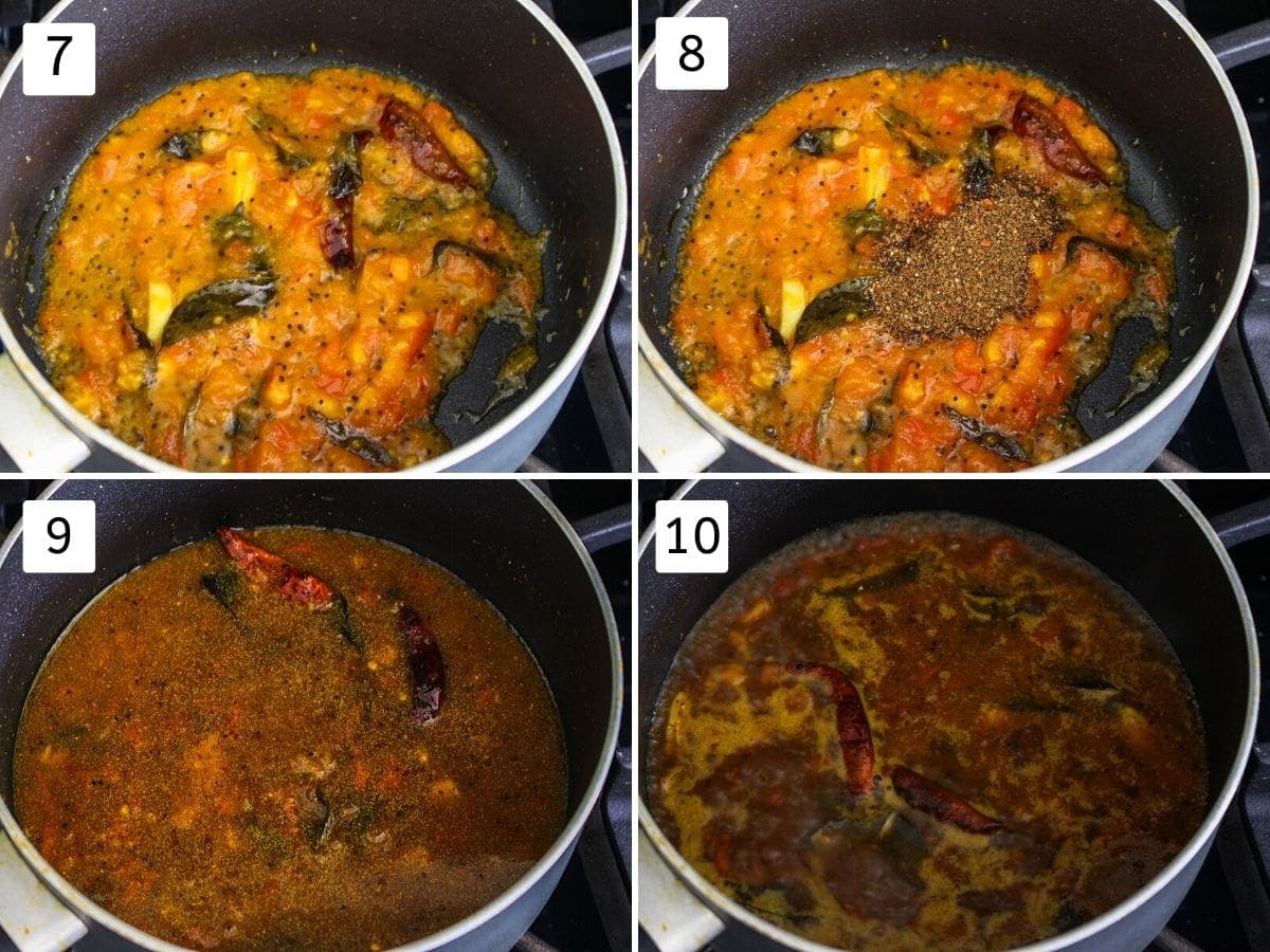 collage of adding spices and simmering rasam pics