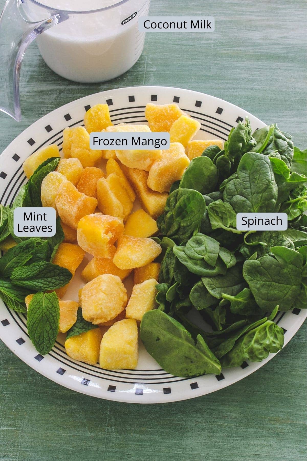 Mango mint smoothie ingredients in a plate and cup