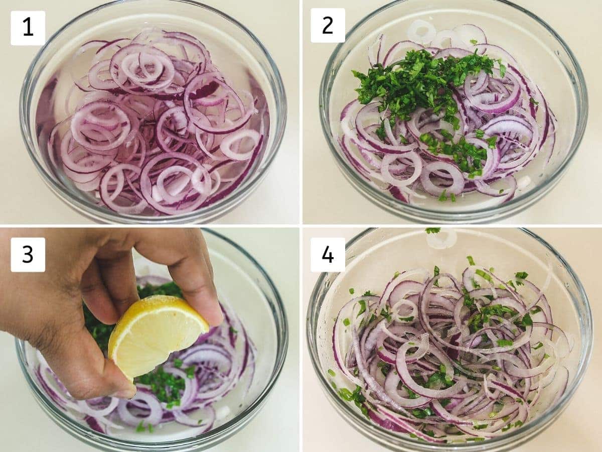 collage of making onion salad recipe pics