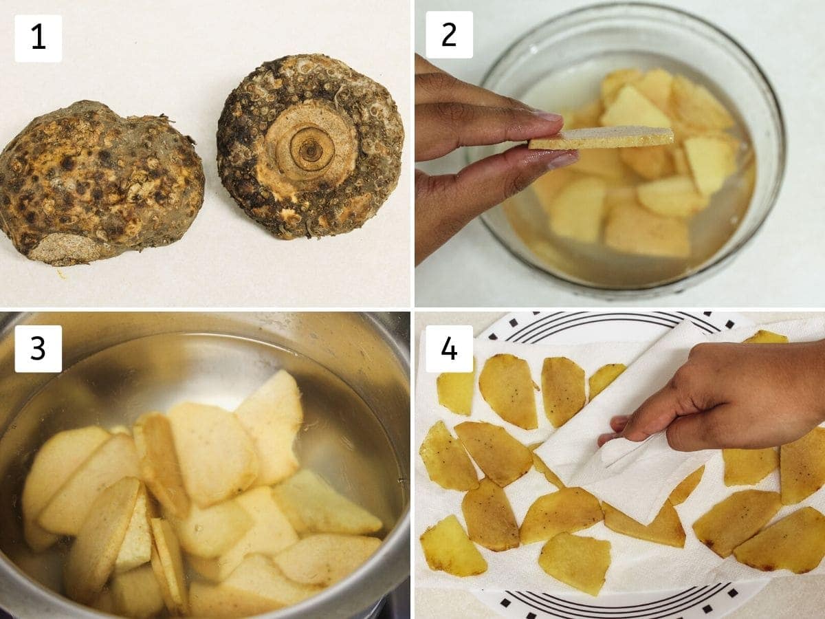 Collage of peeling suran, slicing and boiling suran chips pics