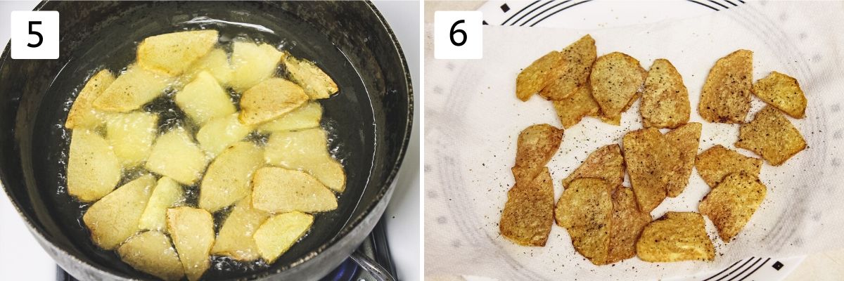 collage of frying suran slices and fried chips on a plate pics