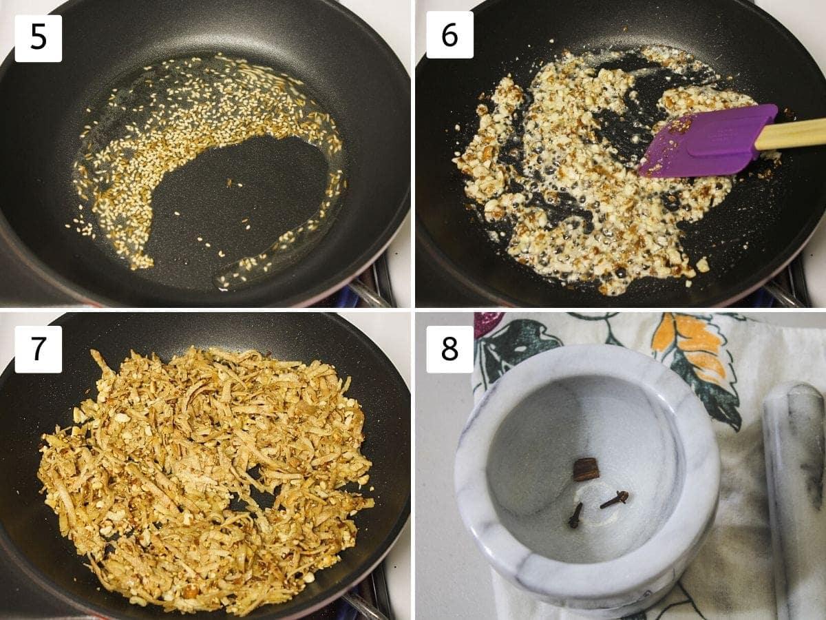 collage of 4 steps showing tempering cumin seeds, roasting peanuts, cooking grated yam, whole spices 