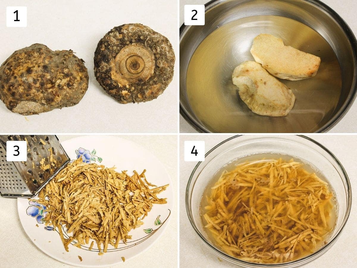 Collage of 4 steps showing whole yam, peeled yam, grated yam, soaked yam in water pics