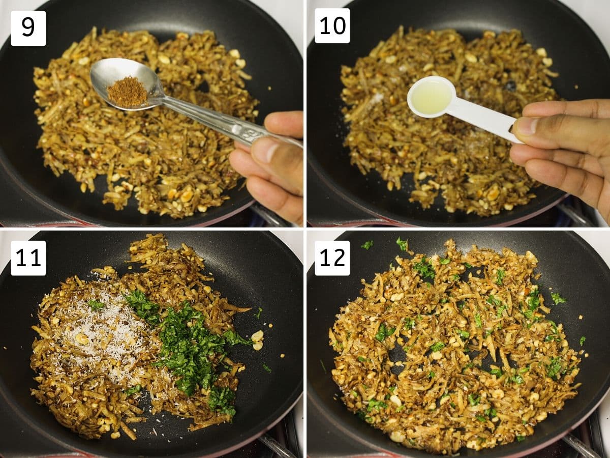 Collage of 4 steps showing adding spices, lemon juice, cilantro, ready khichdi.