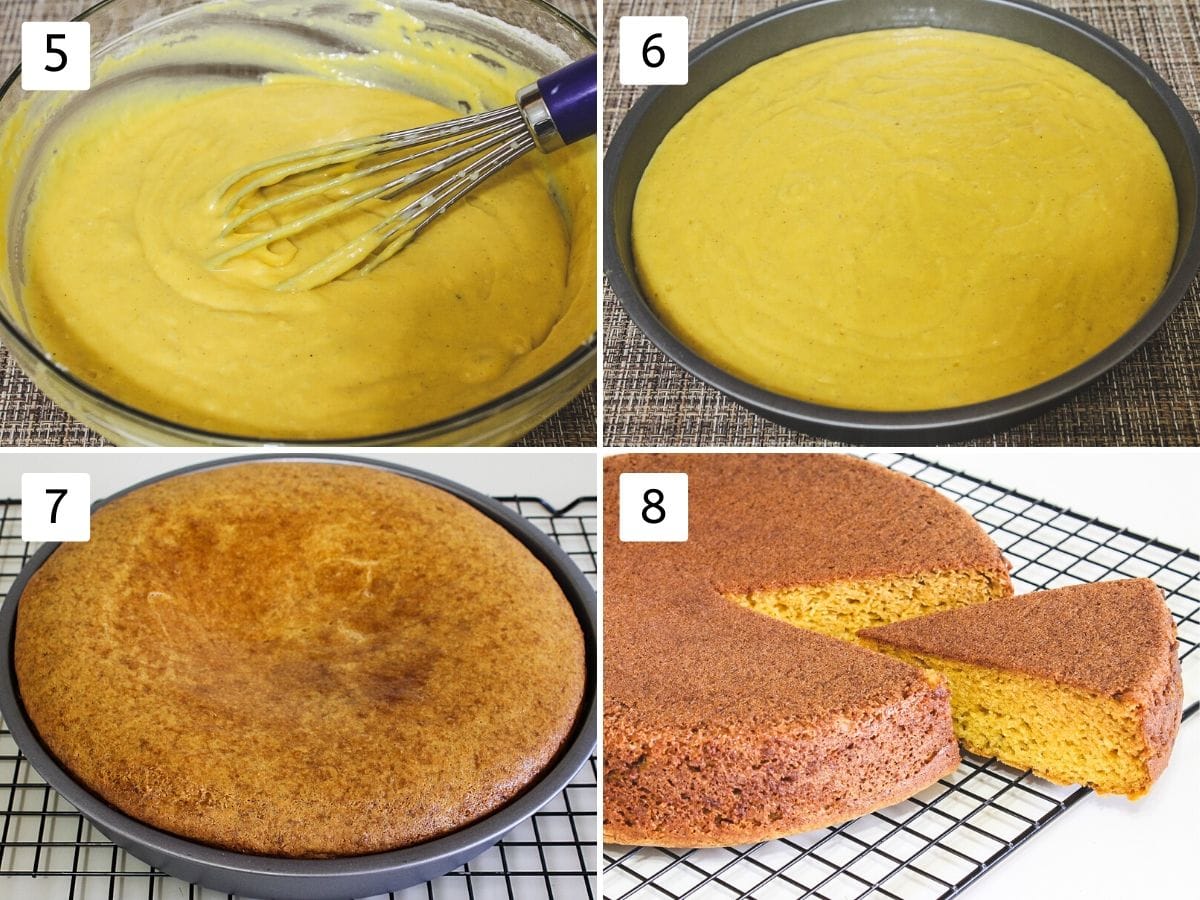 Process shots of cake batter and baked cake