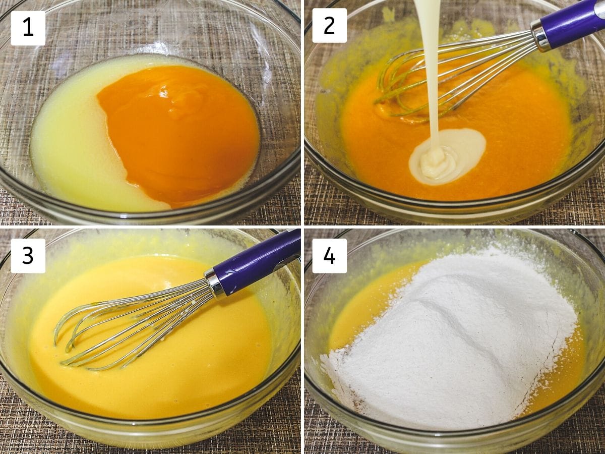 Collage of 4 images showing mixing wet ingredients and adding flour.