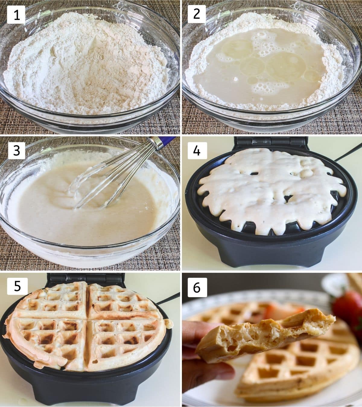 process shots of making waffle batter and waffles